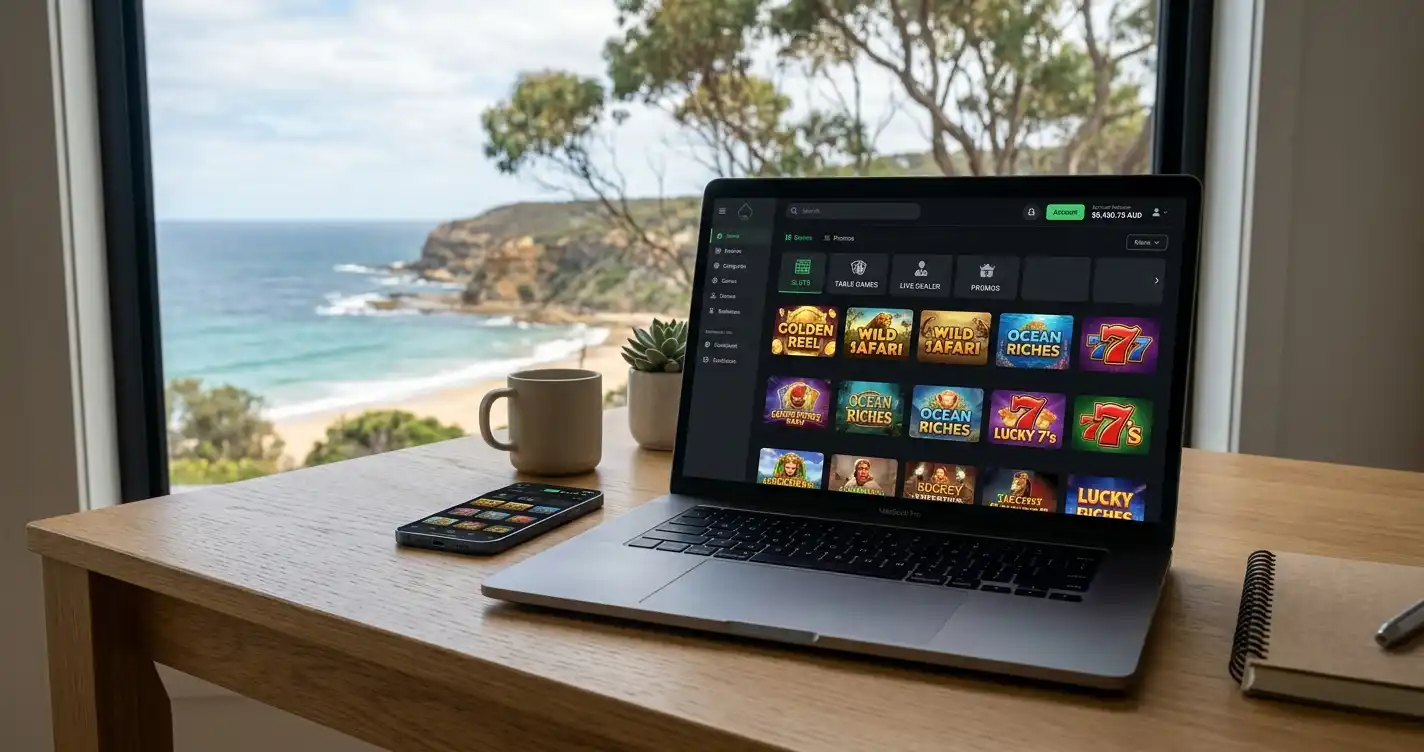 Laptop and phone showing a dark casino lobby with game tiles and an Australian dollar balance