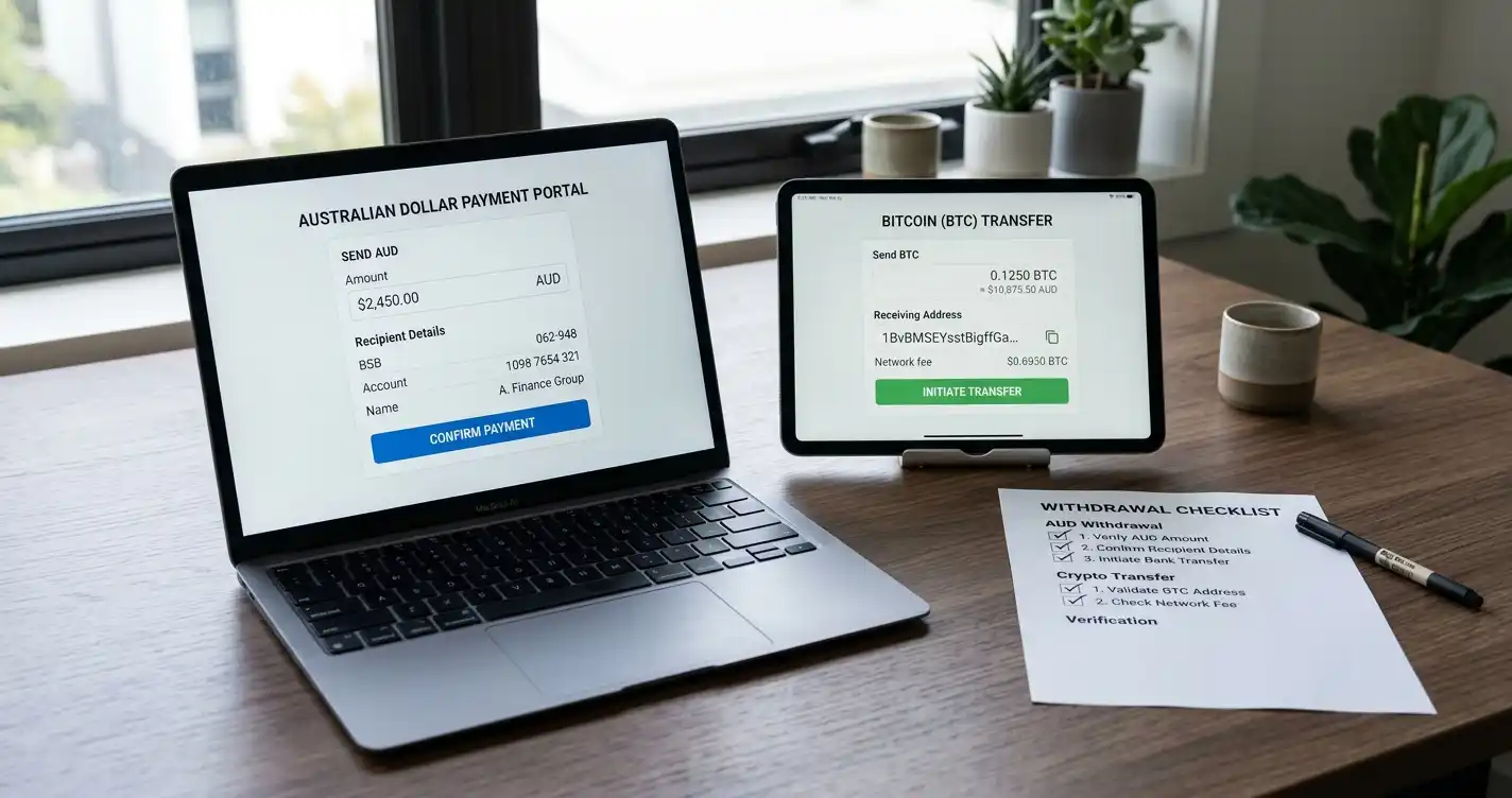 Australian dollar payment screen beside a Bitcoin transfer panel and withdrawal checklist