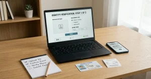 Laptop with a generic account verification screen beside identification documents and a smartphone