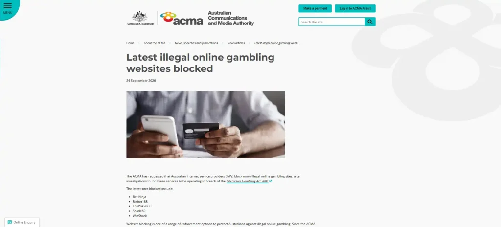 ACMA article page naming WinShark in an Australian illegal gambling website blocking action