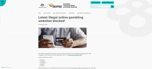 ACMA article page naming WinShark in an Australian illegal gambling website blocking action