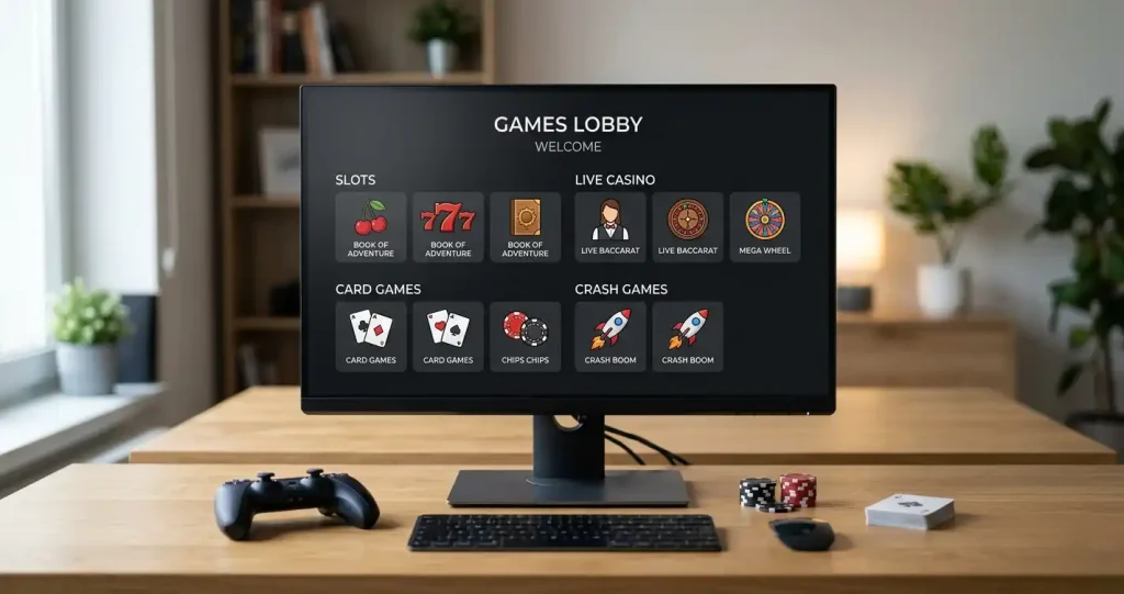 Generic casino lobby screen showing separate tiles for slots, live tables, card games and crash games