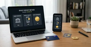 Laptop and phone showing a generic payment selection screen beside a bank card and digital-currency icon