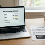 Laptop showing a generic withdrawal status screen beside an identity checklist and bank card