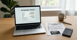 Laptop showing a generic withdrawal status screen beside an identity checklist and bank card